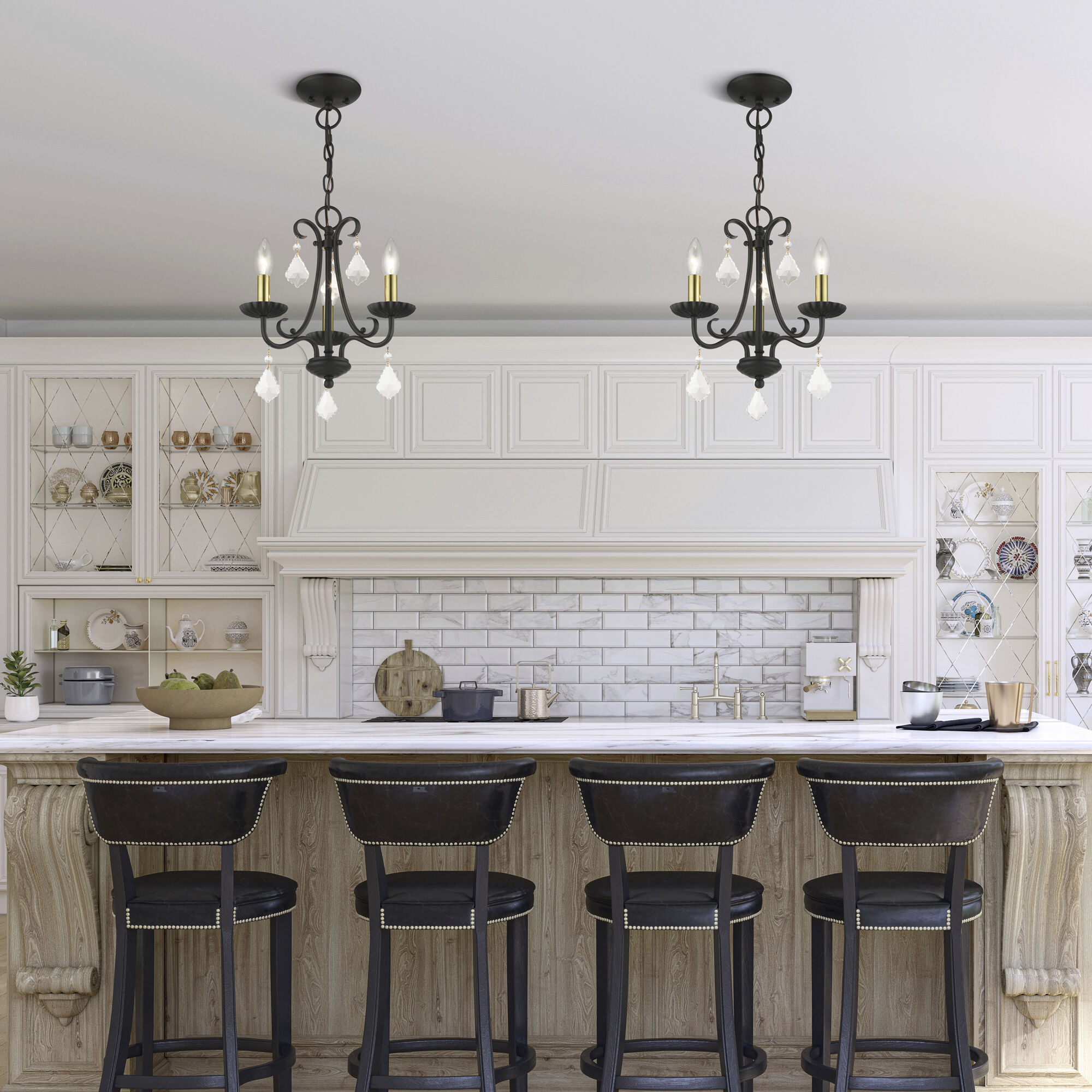 Daphne 3 Light 13.88 inch Black with Antique Brass Finish Accents Mini Chandelier Ceiling Light in Black with Antique Brass Accents