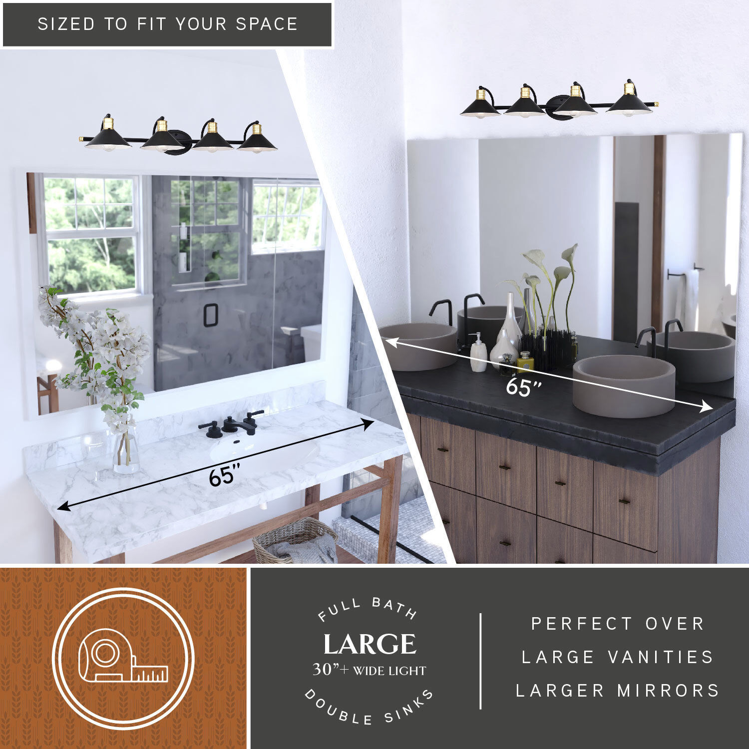 Akron LED 38 inch Matte Black and Natural Brass Bathroom Light Wall Light in 4