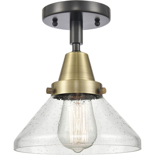 Franklin Restoration Caden LED 8 inch Black Antique Brass and Matte Black Flush Mount Ceiling Light in Seedy Glass