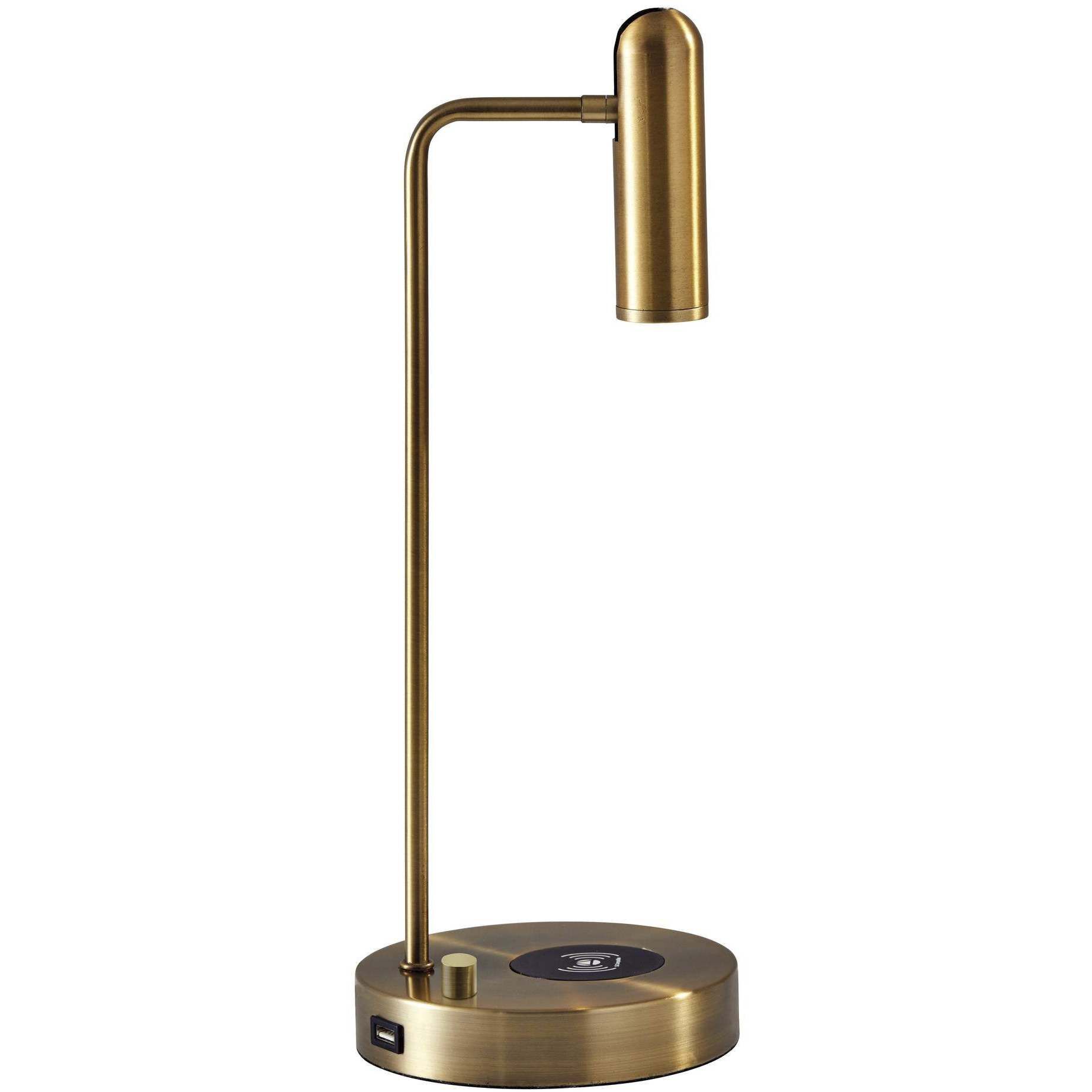 Kaye 17 inch 5.00 watt Antique Brass Desk Lamp Portable Light, with AdessoCharge Wireless Charging Pad and USB Port