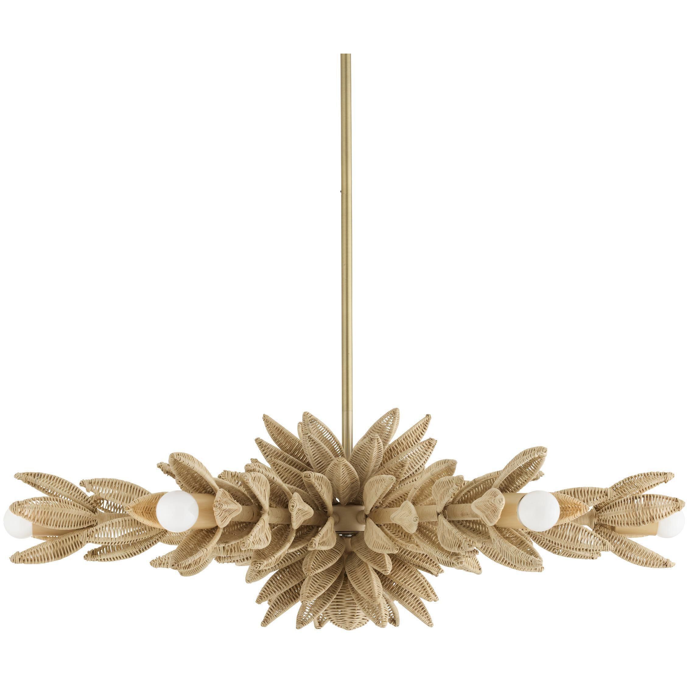 Kasai 6 Light 36.5 inch Natural Rattan and Antique Brass Semi-Flush Mount Ceiling Light
