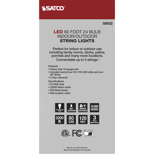 Satco S8032 Lumos 24 Light LED 60 foot Black LED String Lights
