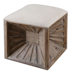 Jia 19 inch Weathered Fir Wood and Neutral Linen Wooden Ottoman