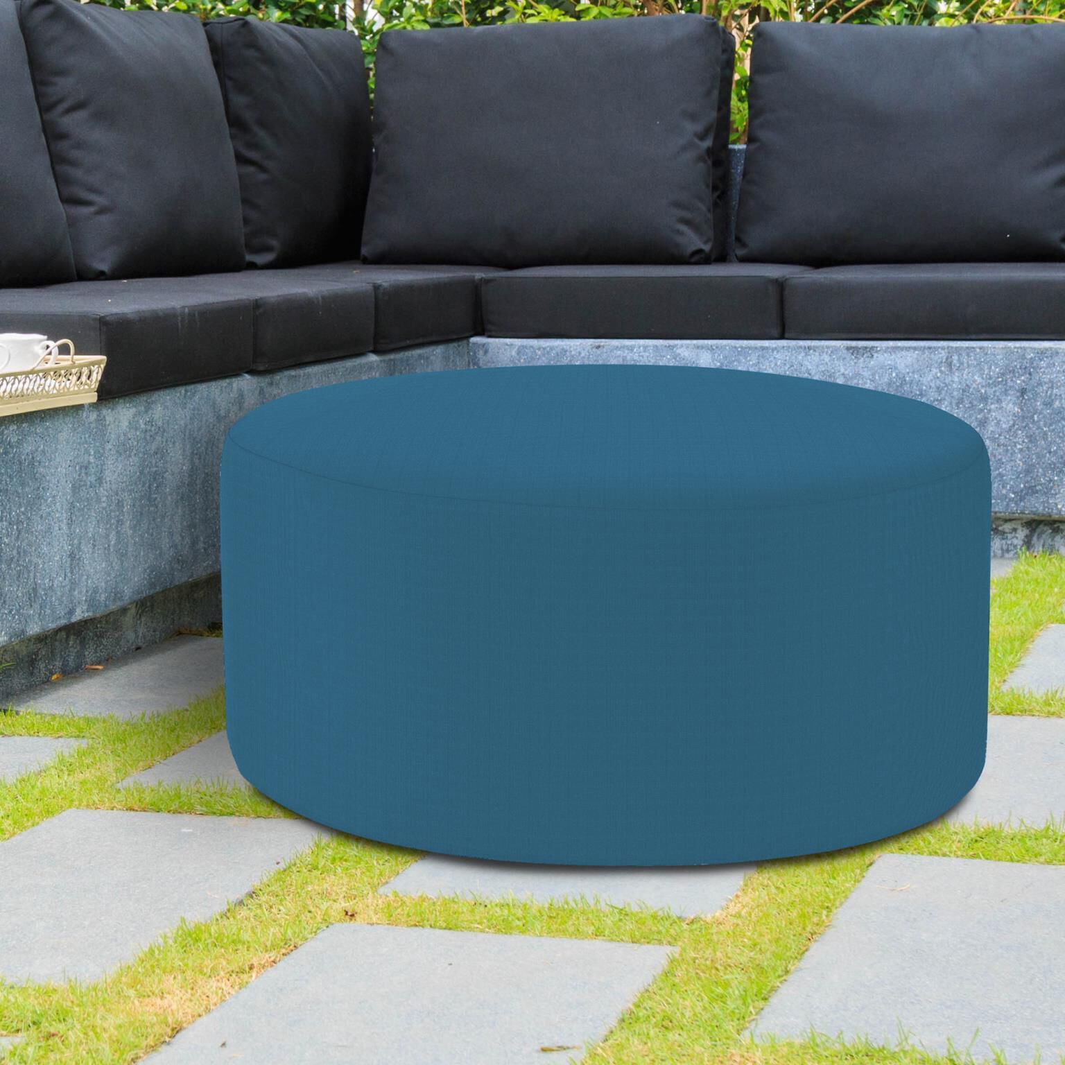 Universal 18 inch Seascape Turquoise Outdoor Round Ottoman with Slipcover