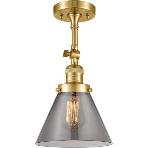 Franklin Restoration Large Cone LED 8 inch Satin Gold Semi-Flush Mount Ceiling Light in Plated Smoke Glass, Franklin Restoration