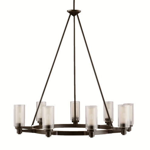 Circolo 9 Light 36 inch Olde Bronze Chandelier 1 Tier Large Ceiling Light in Clear Outer Cylinder With Umber Etched Inner, 1 Tier Large