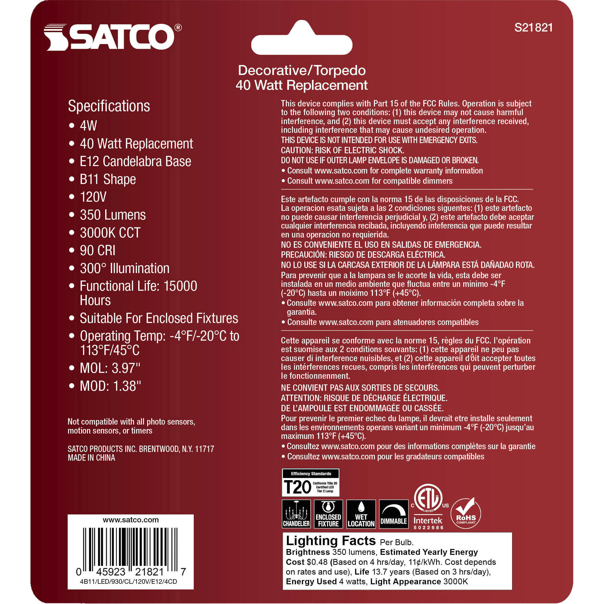 Lumos LED Candelabra 4 watt 120 3000K LED Filament, LED Filament