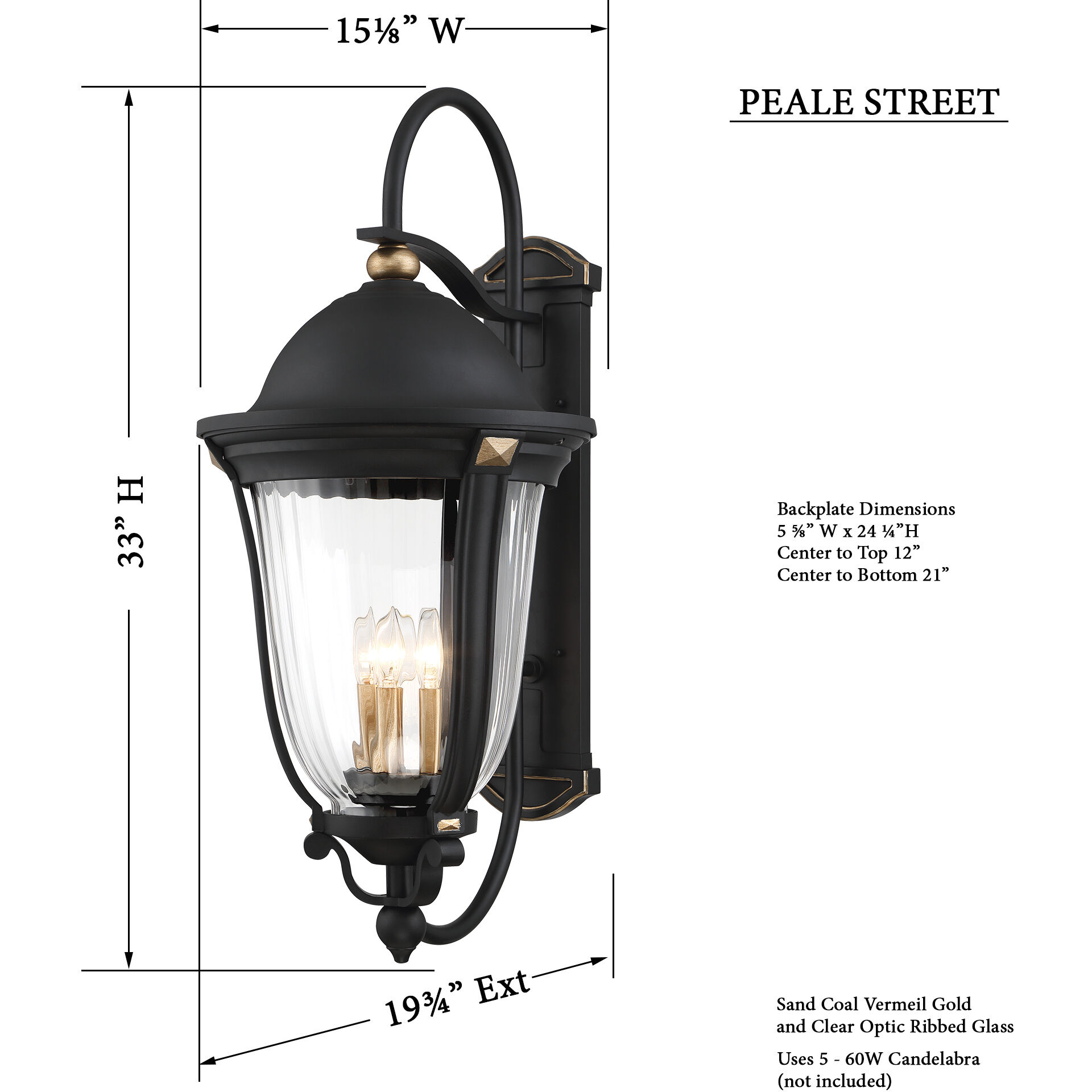 Peale Street 5 Light 33 inch Sand Coal And Vermeil Gold Outdoor Wall Mount, Great Outdoors