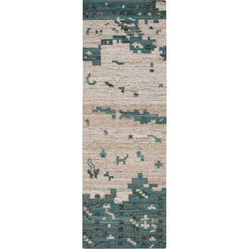 Rustic 96 X 30 inch Teal, Dark Green, Light Gray, Beige, Bright Blue Rug