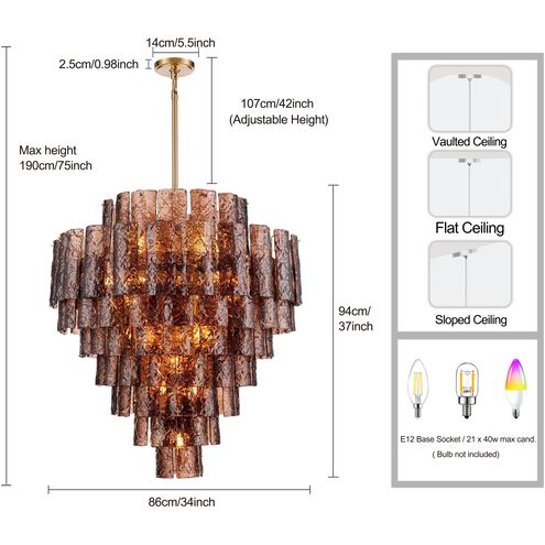Fire and Ice 21 Light 34 inch Lacquered Gold Chandelier Ceiling Light in Dark Amber Glass