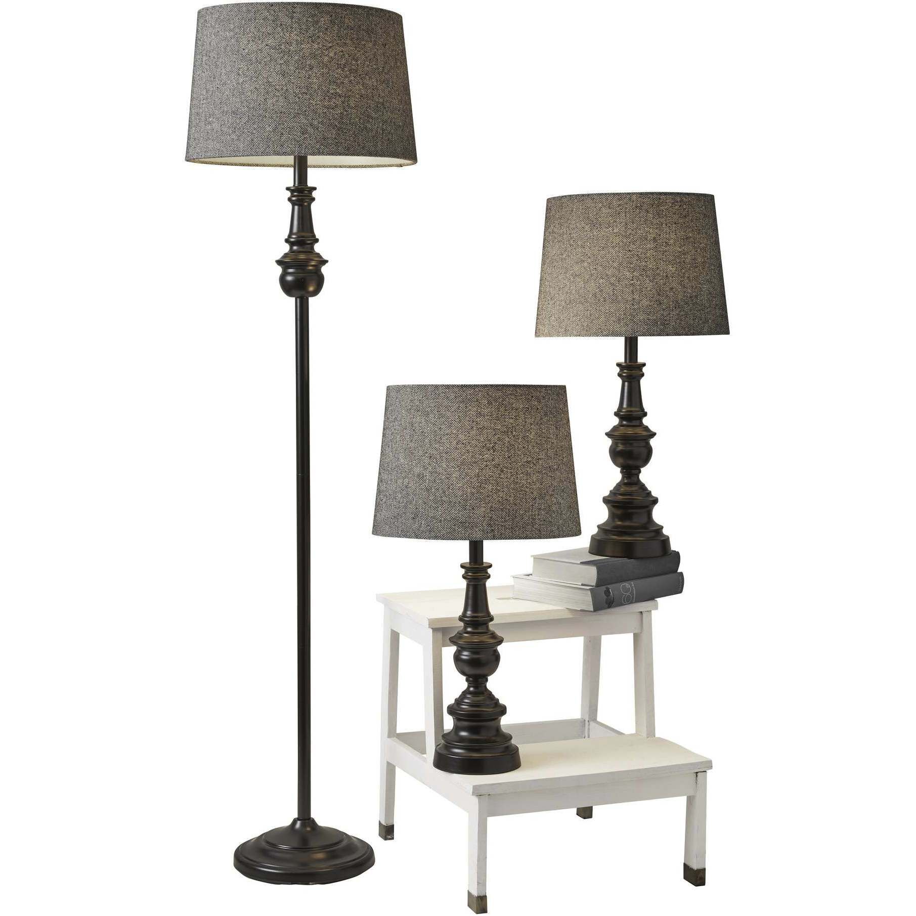Chandler 29 inch 150 watt Dark Bronze Table Lamps Portable Light in Dark Herringbone Fabric, plus Floor Lamp, Set of 3, Simplee Adesso