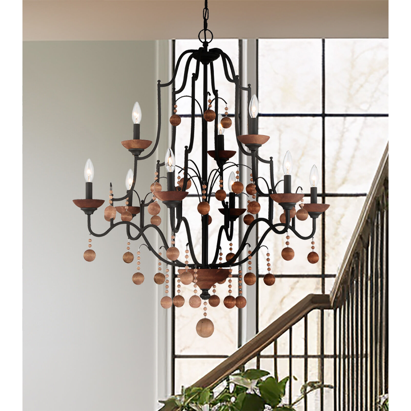 Colonial Charm 9 Light 33 inch Old World Bronze/Walnut Accents Chandelier Ceiling Light
