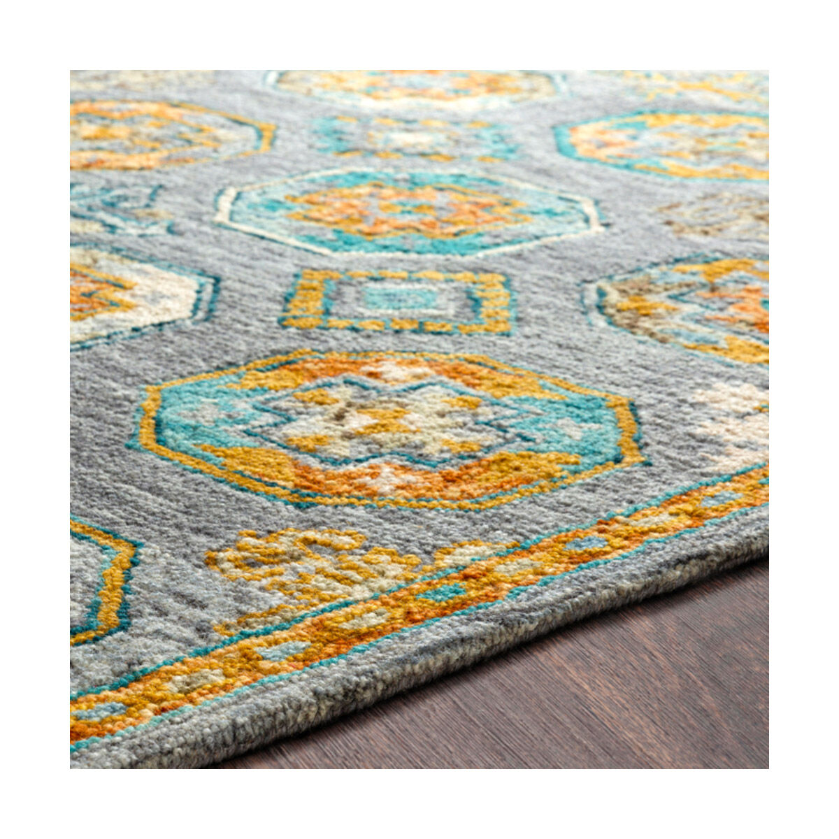 Bonifate 90 X 60 inch Teal/Charcoal/Wheat/Camel/Dark Brown Rugs, Rectangle