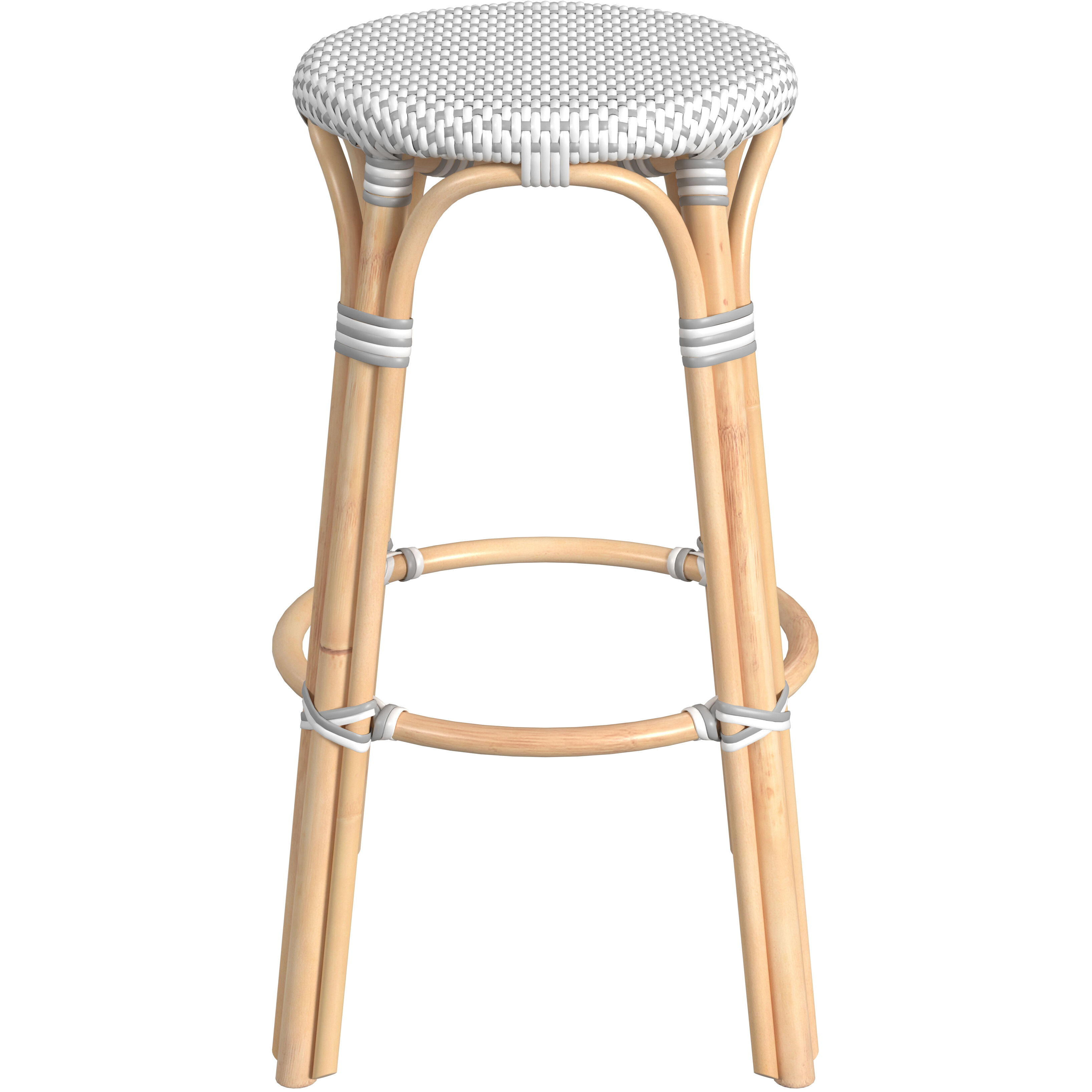 Tobias Round Rattan 30" Bar Stool in White and Gray Dot