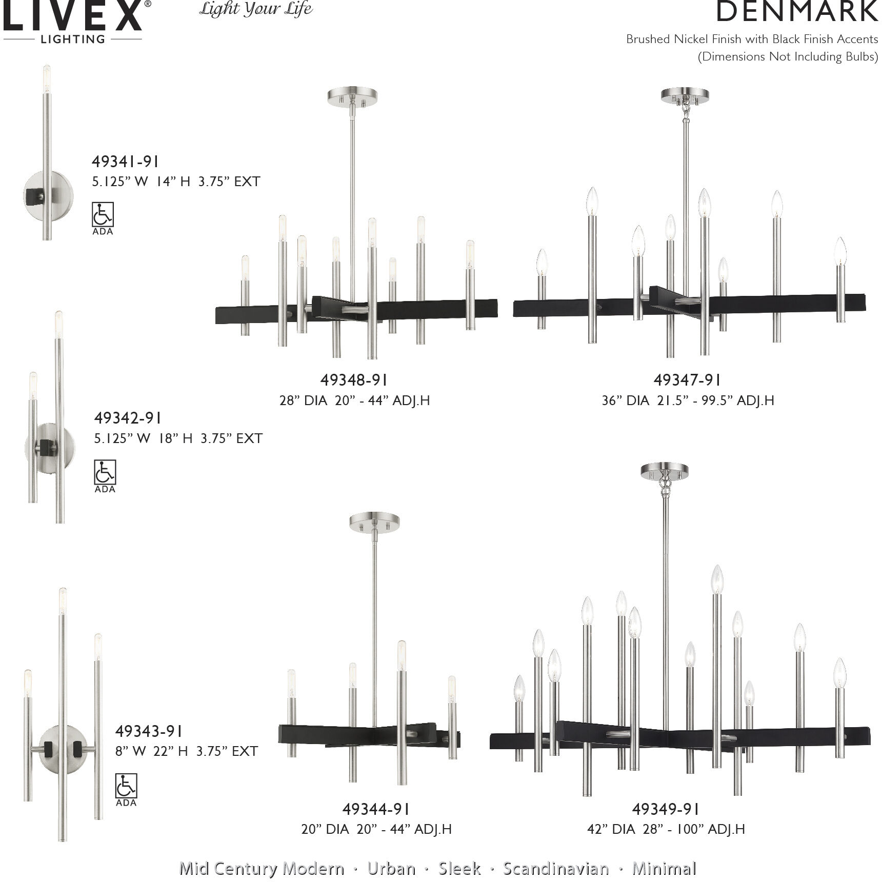 Denmark 8 Light 36 inch Brushed Nickel with Black Accents Chandelier Ceiling Light