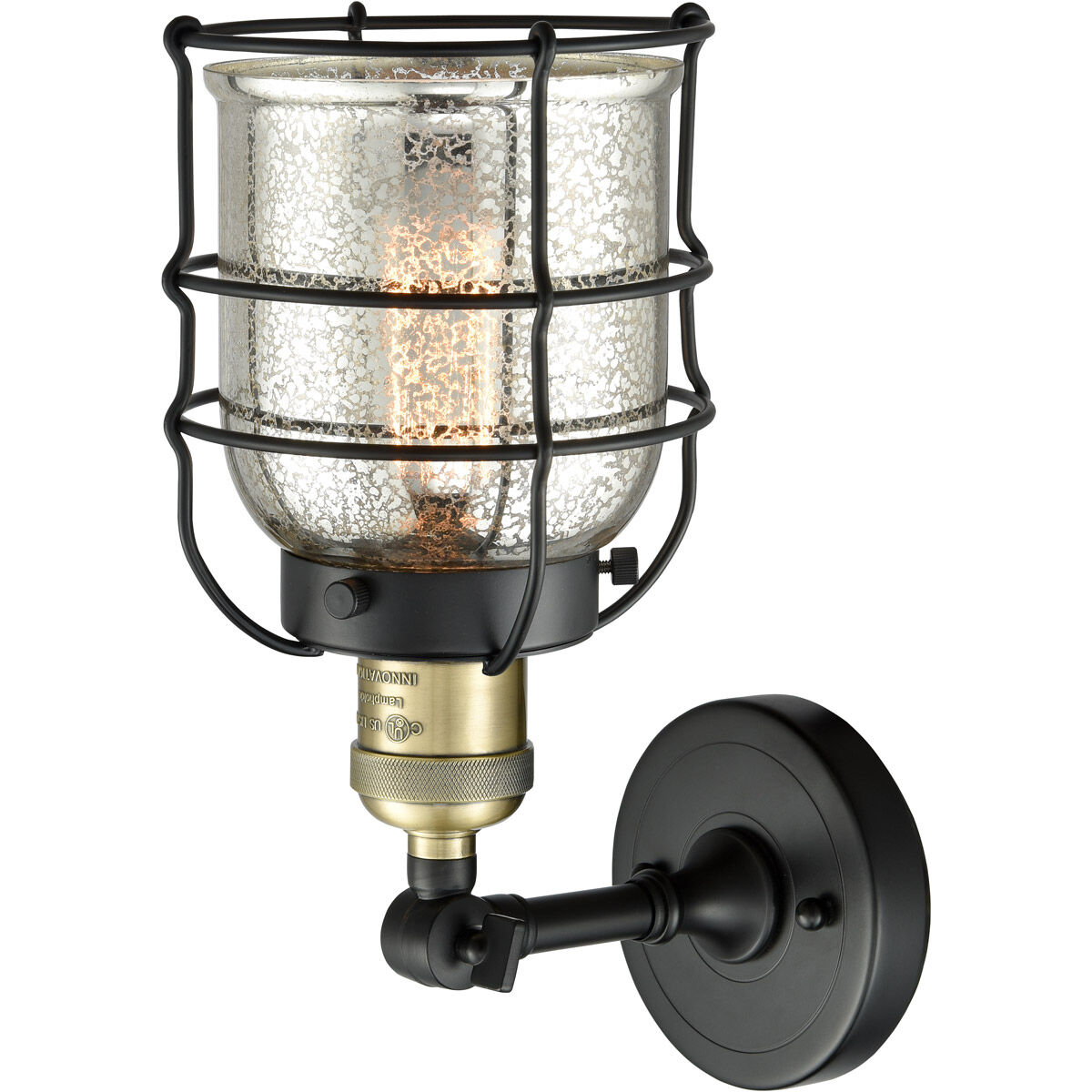 Franklin Restoration Small Bell Cage 1 Light 6 inch Black Antique Brass Sconce Wall Light in Silver Plated Mercury Glass, Franklin Restoration