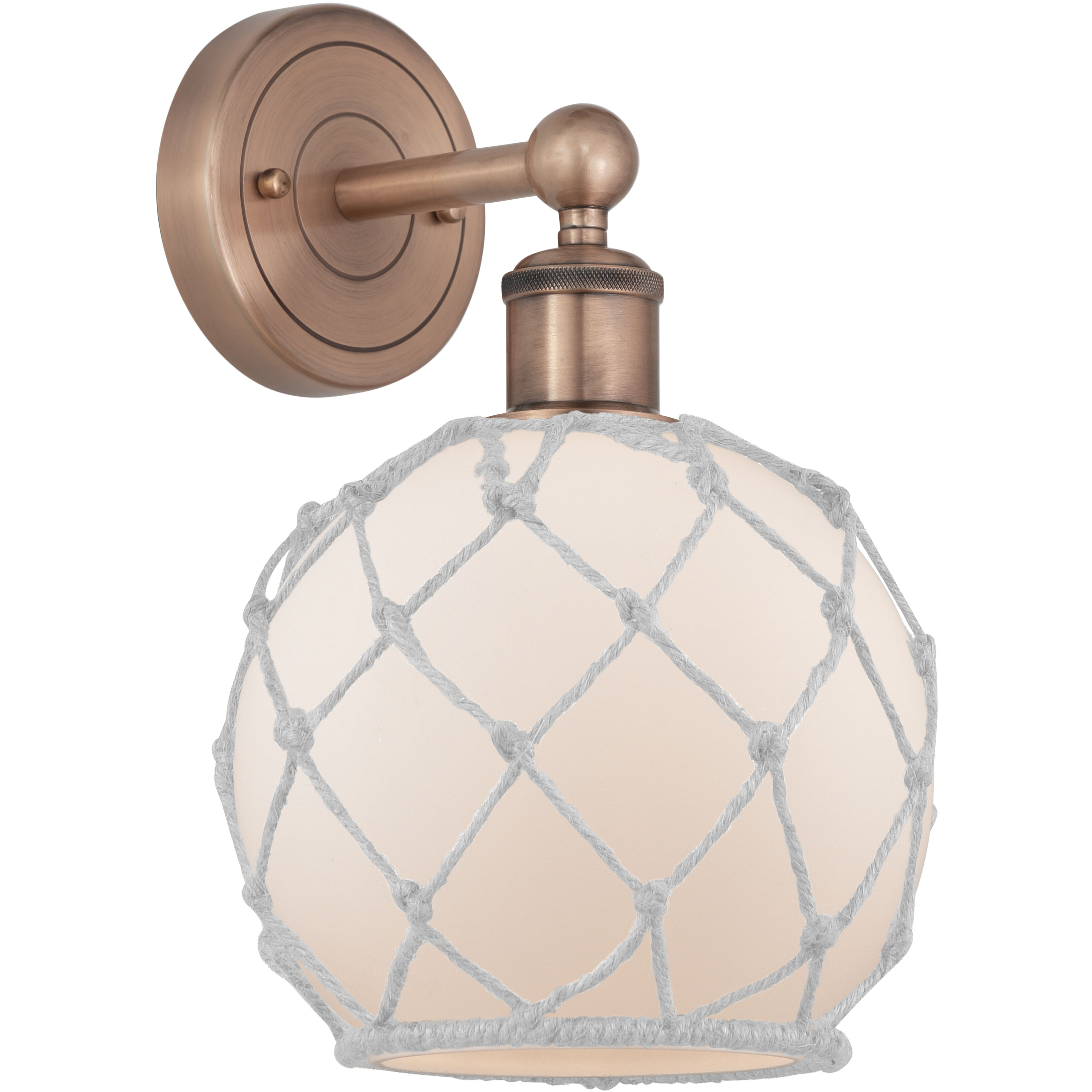 Edison Farmhouse Rope Armed Sconce Wall Light in Antique Copper, White Glass with White Rope