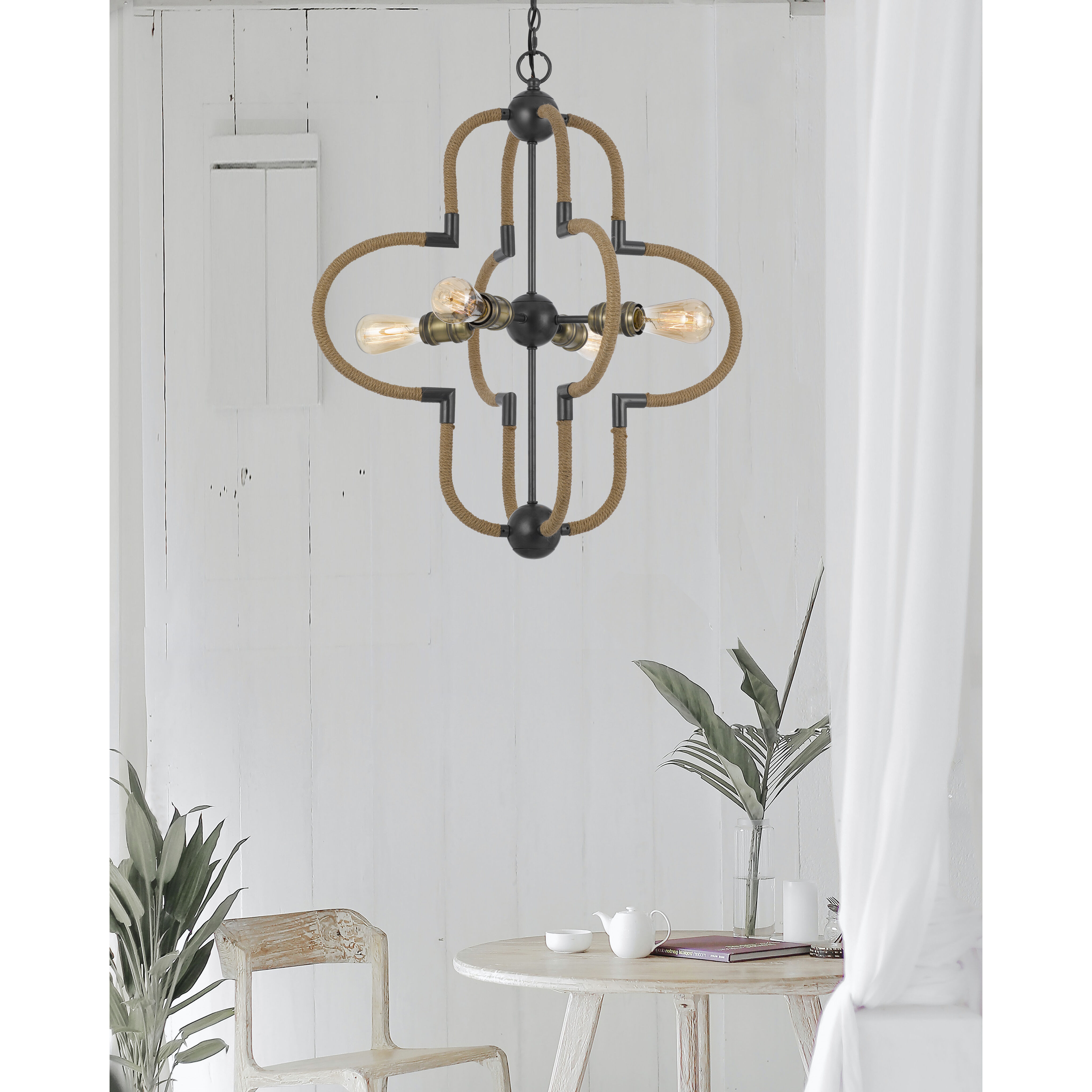 Tahoka 4 Light 25 inch Burlap and Black Iron and Antique Brass Chandelier Ceiling Light