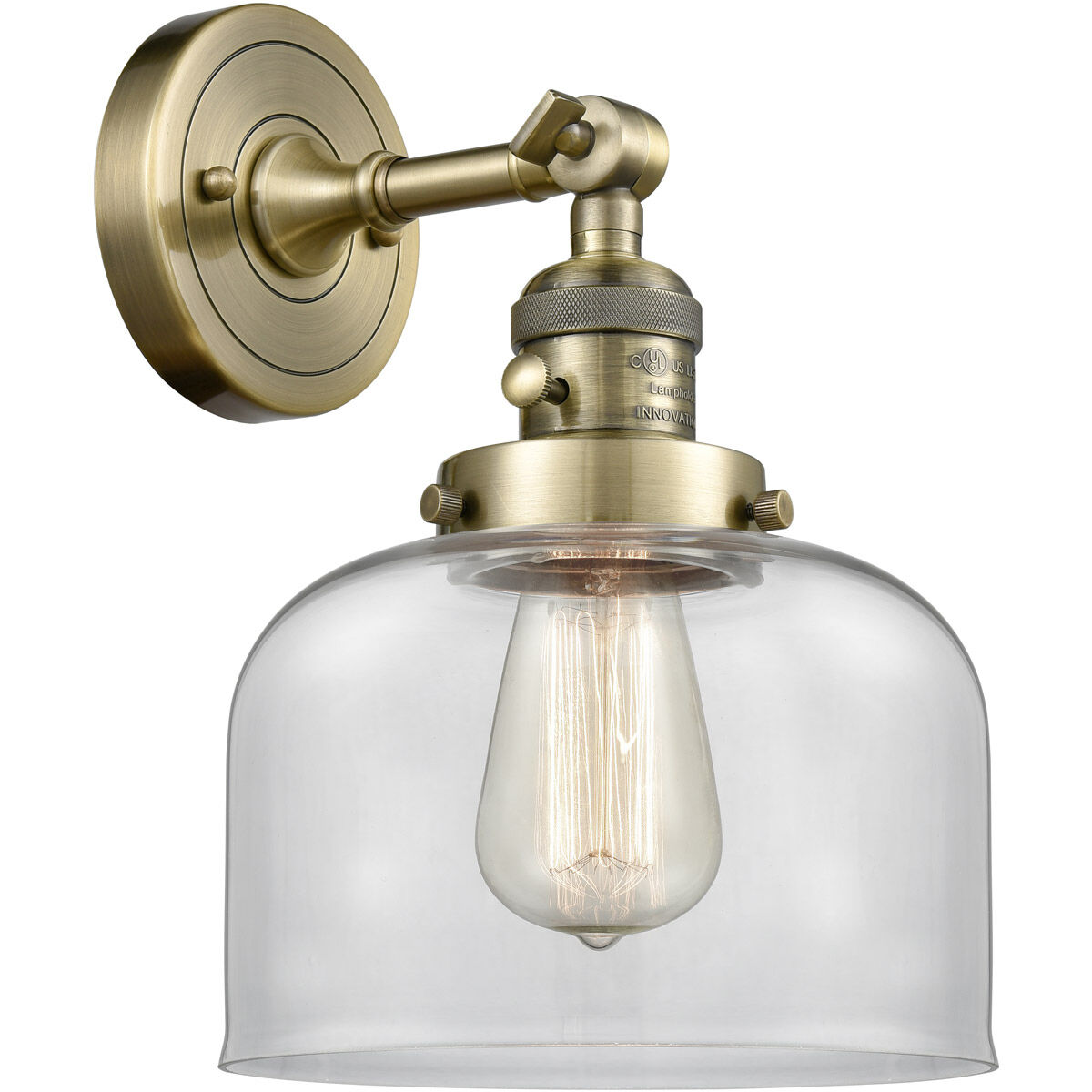Franklin Restoration Large Bell 1 Light 8 inch Antique Brass Sconce Wall Light in Clear Glass, Franklin Restoration