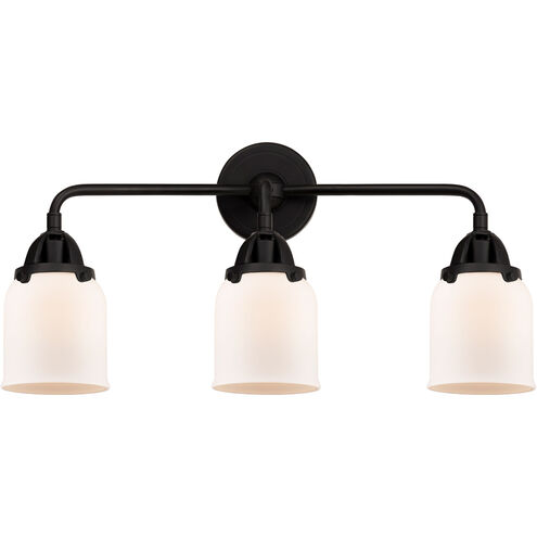 Nouveau 2 Small Bell 3 Light 23 inch Matte Black Bath Vanity Light Wall Light in Matte White Glass