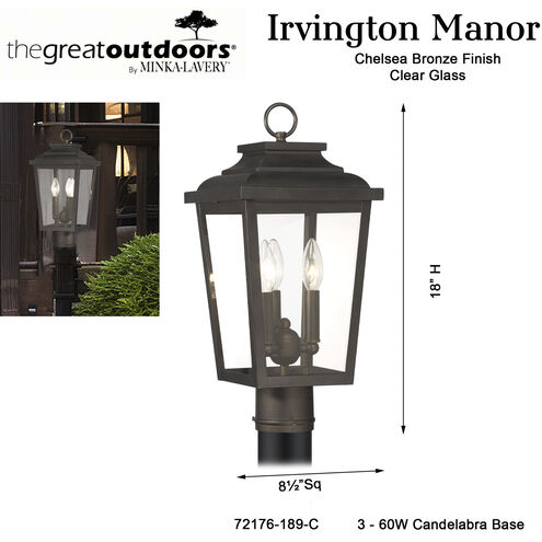 Great Outdoors Irvington Manor 3 Light 18 inch Chelesa Bronze Outdoor Post Mount in Incandescent, Clear Glass