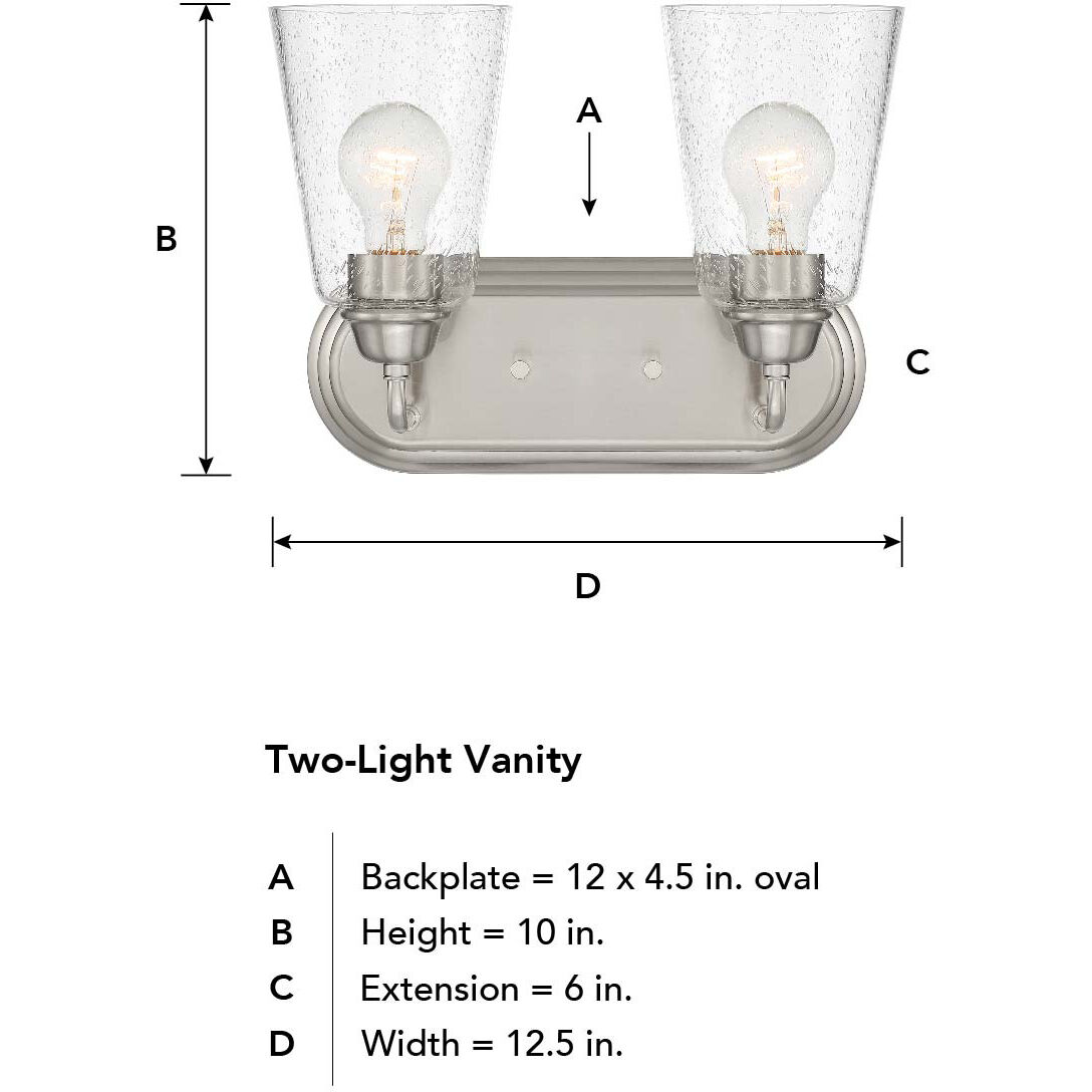 Zane 2 Light 12.5 inch Brushed Nickel Vanity Light Wall Light