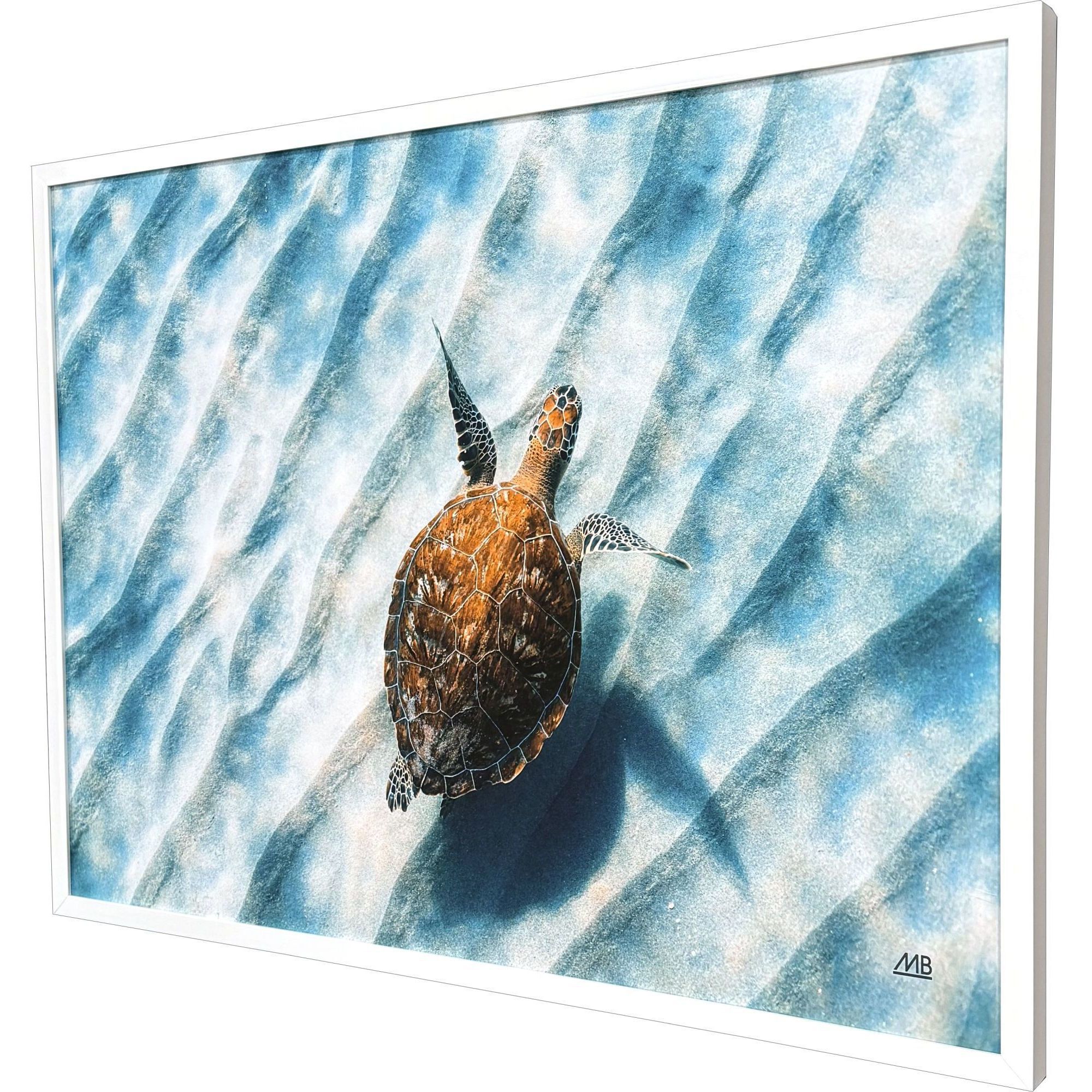 Sandbar Sea Turtle Blue and Brown and Turquoise and Teal Framed Art