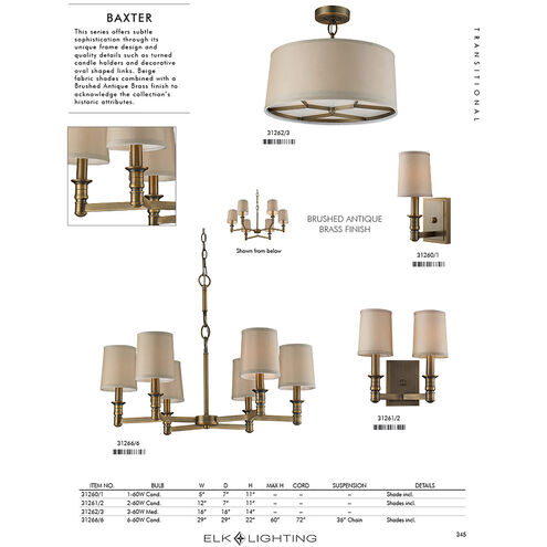 Baxter 3 Light 16 inch Brushed Antique Brass Semi Flush Mount Ceiling Light in Recessed Adapter Kit