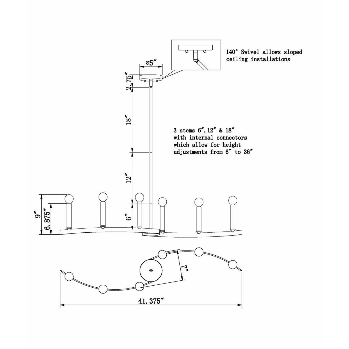 Wyatt 6 Light 41.5 inch Chrome Island Pendant Ceiling Light, Adapts to Sloped Ceiling