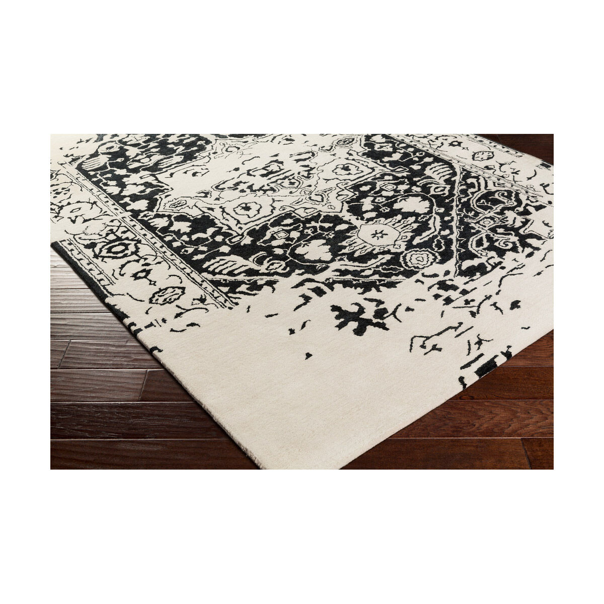 Temple 120 X 96 inch Black and Neutral Area Rug, Viscose and Wool