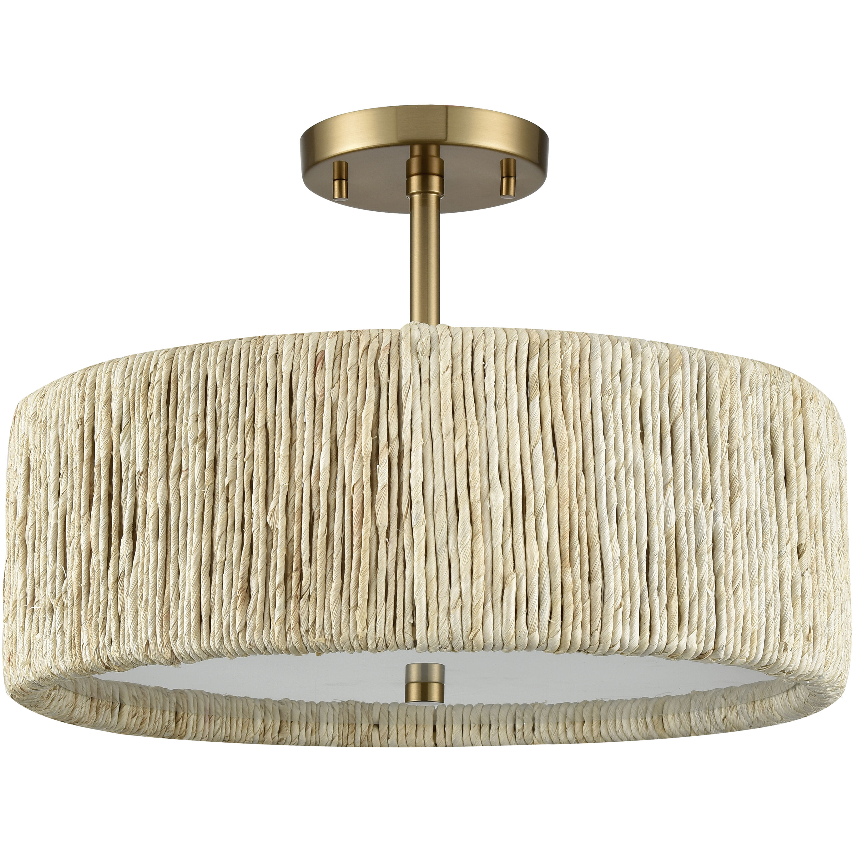 Abaca 3 Light 17 inch Satin Brass with Natural Semi Flush Mount Ceiling Light