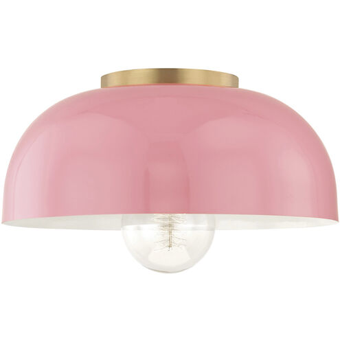 Avery 1 Light 14 inch Aged Brass Semi Flush Ceiling Light in Pink Metal