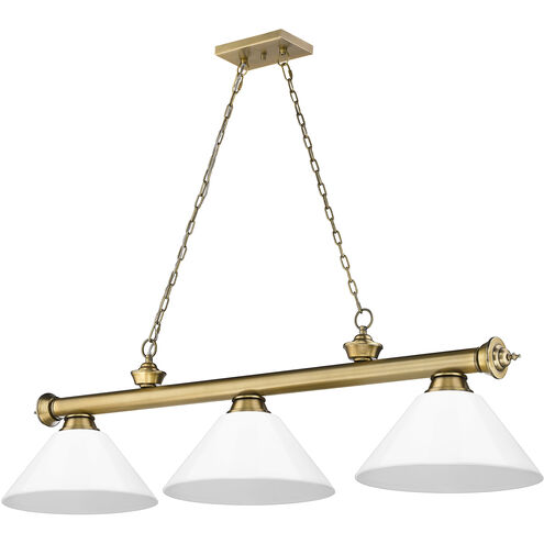 Cordon 3 Light 57.25 inch Rubbed Brass Billiard Ceiling Light in White Plastic