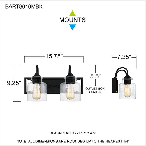 Bartley 2 Light 16 inch Matte Black Bath Light Wall Light
