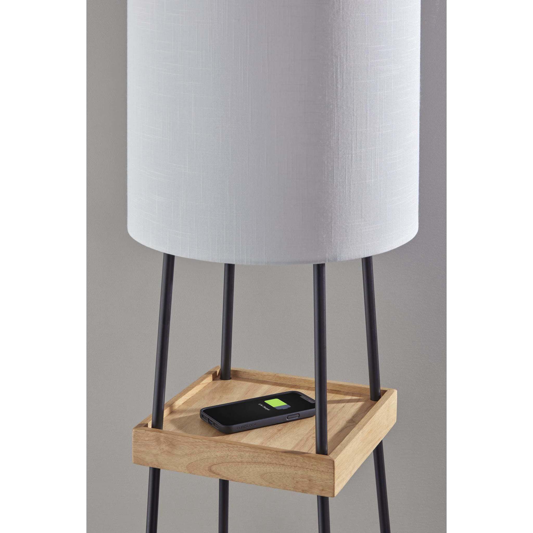 Henry 63 inch 150.00 watt Black / Natural Wood Shelf Floor Lamp Portable Light, AdessoCharge