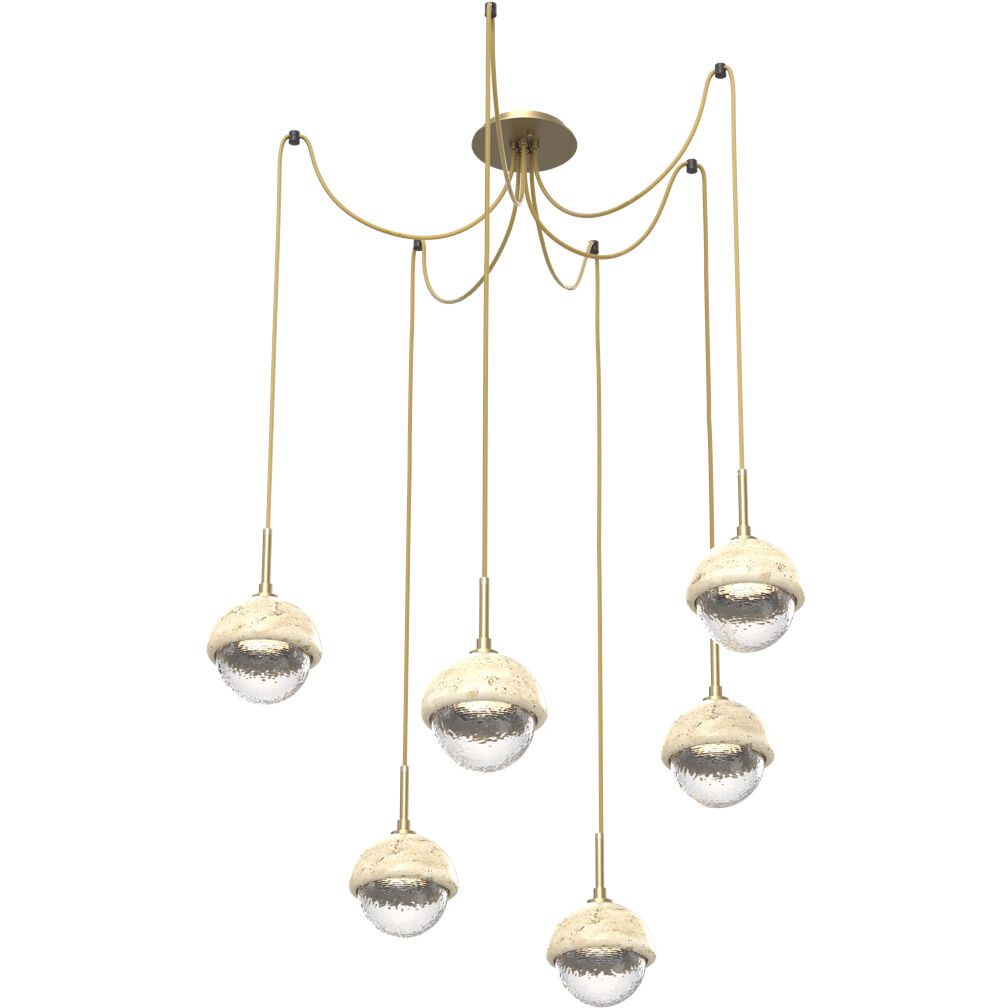 Cabochon LED 14.1 inch Gilded Brass with Travertine Stone Swag Multi-Pendant Ceiling Light in 3000K LED, Clear