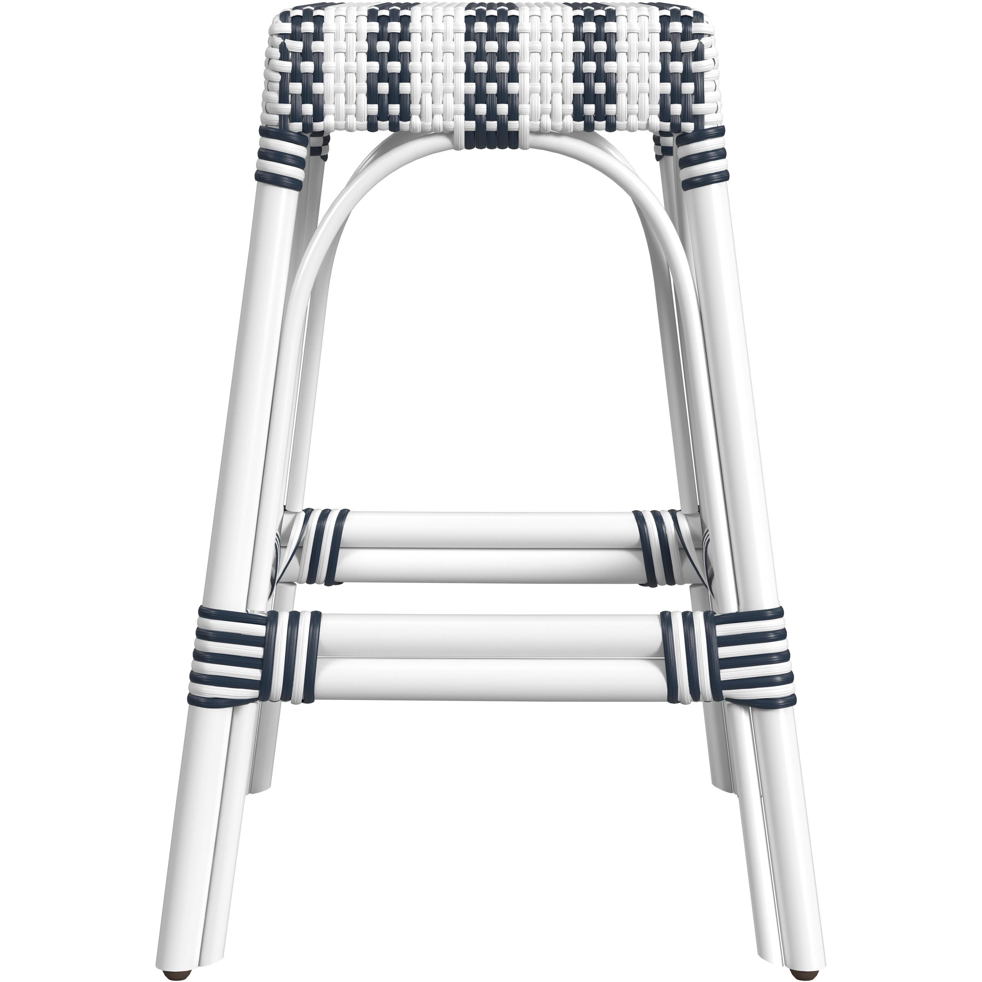 Robias Rectangular Rattan 24.5" Counter Stool in White and Navy Stripe