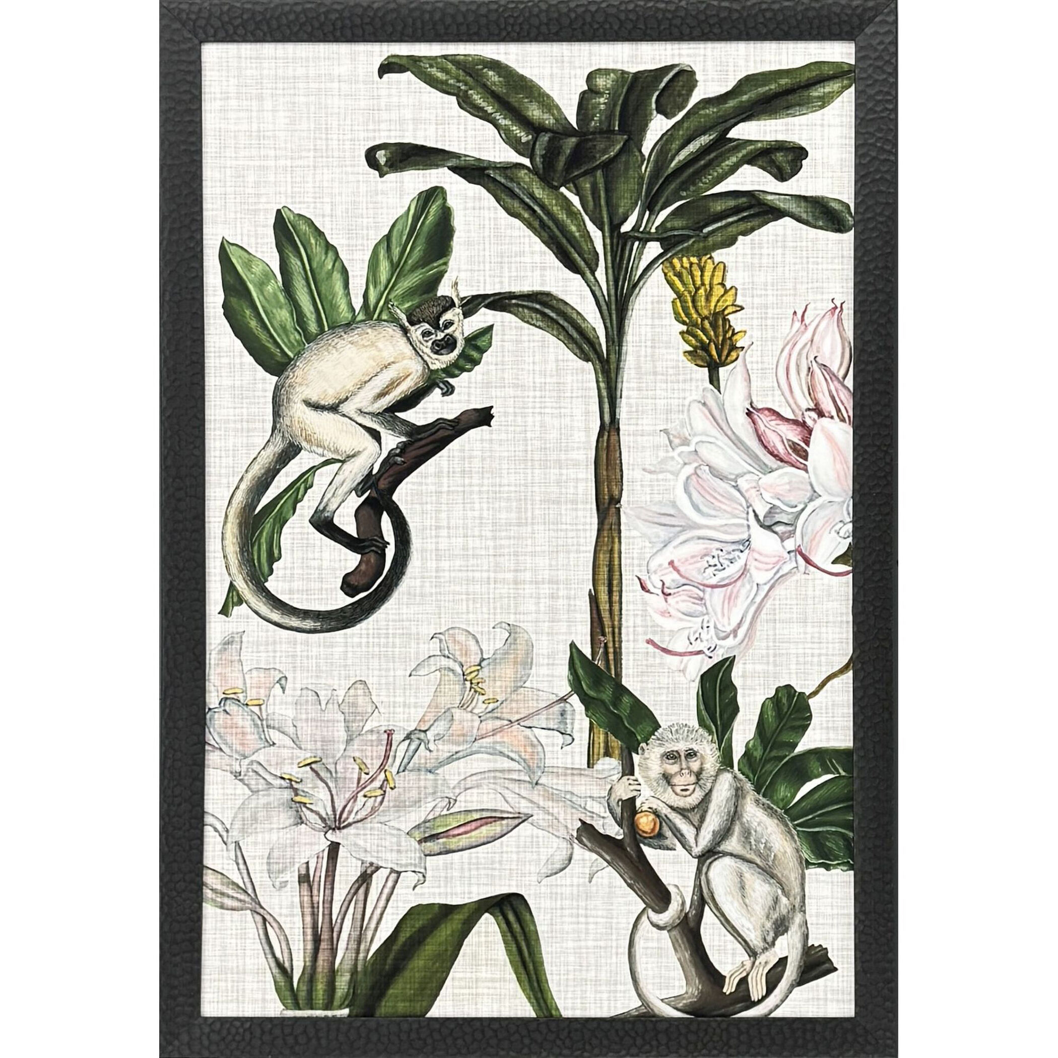 Monkey on Linen Green and Beige and Multi and Pink Framed Art