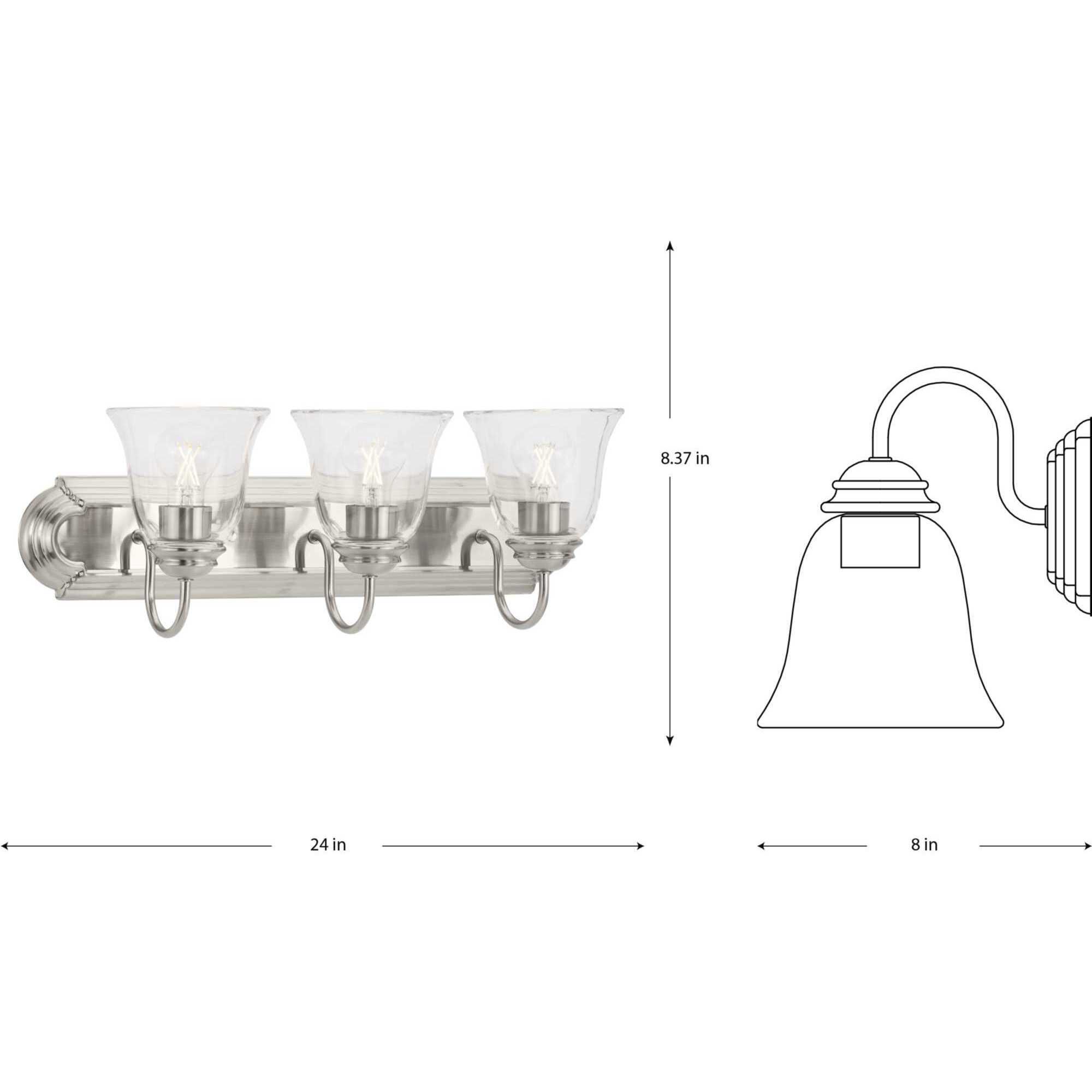 Clear Glass 3 Light 24 inch Brushed Nickel Vanity Light Wall Light