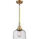 Franklin Restoration Large Bell LED 8 inch Brushed Brass Mini Pendant Ceiling Light in Seedy Glass
