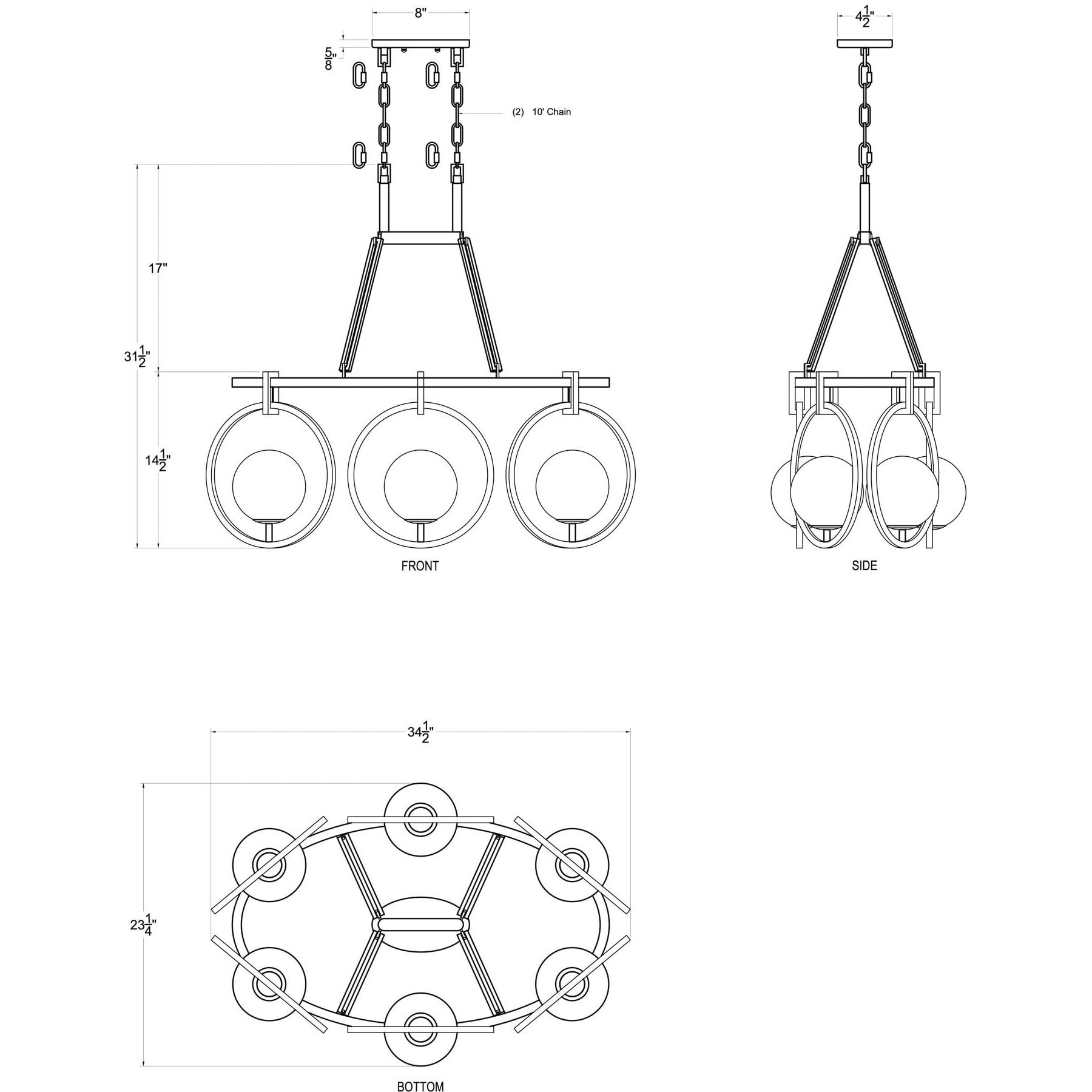 Stopwatch 6 Light 34.5 inch Matte Black and French Gold Linear Pendant Ceiling Light