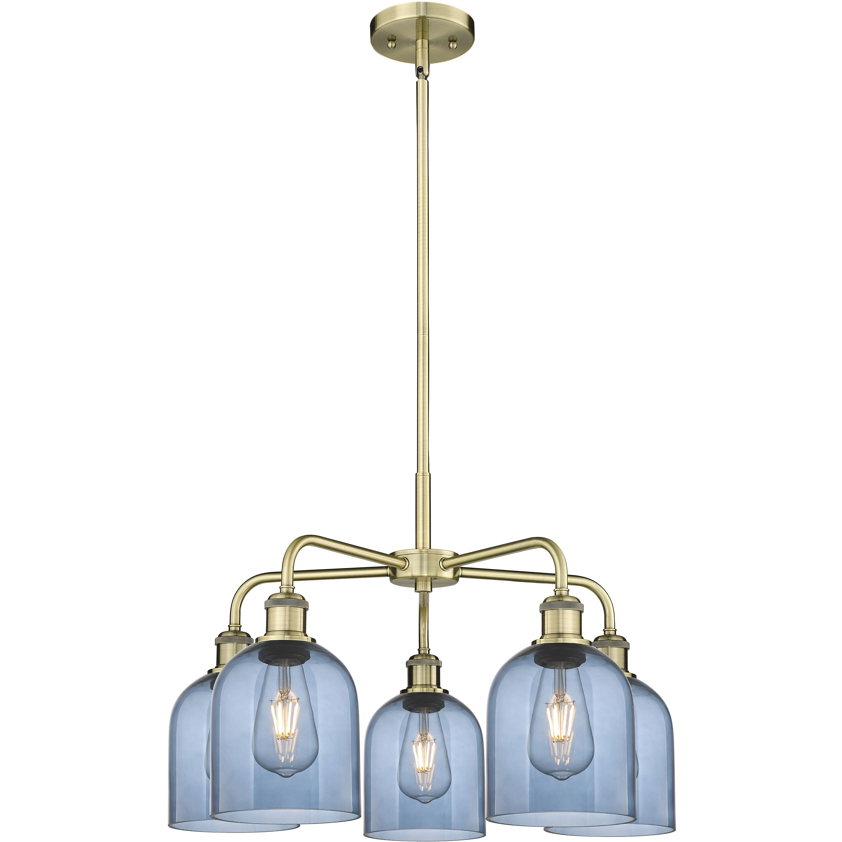Ballston Bella 5 Light 23.5 inch Antique Brass Stem Hung Chandelier Ceiling Light in Princess Blue Glass