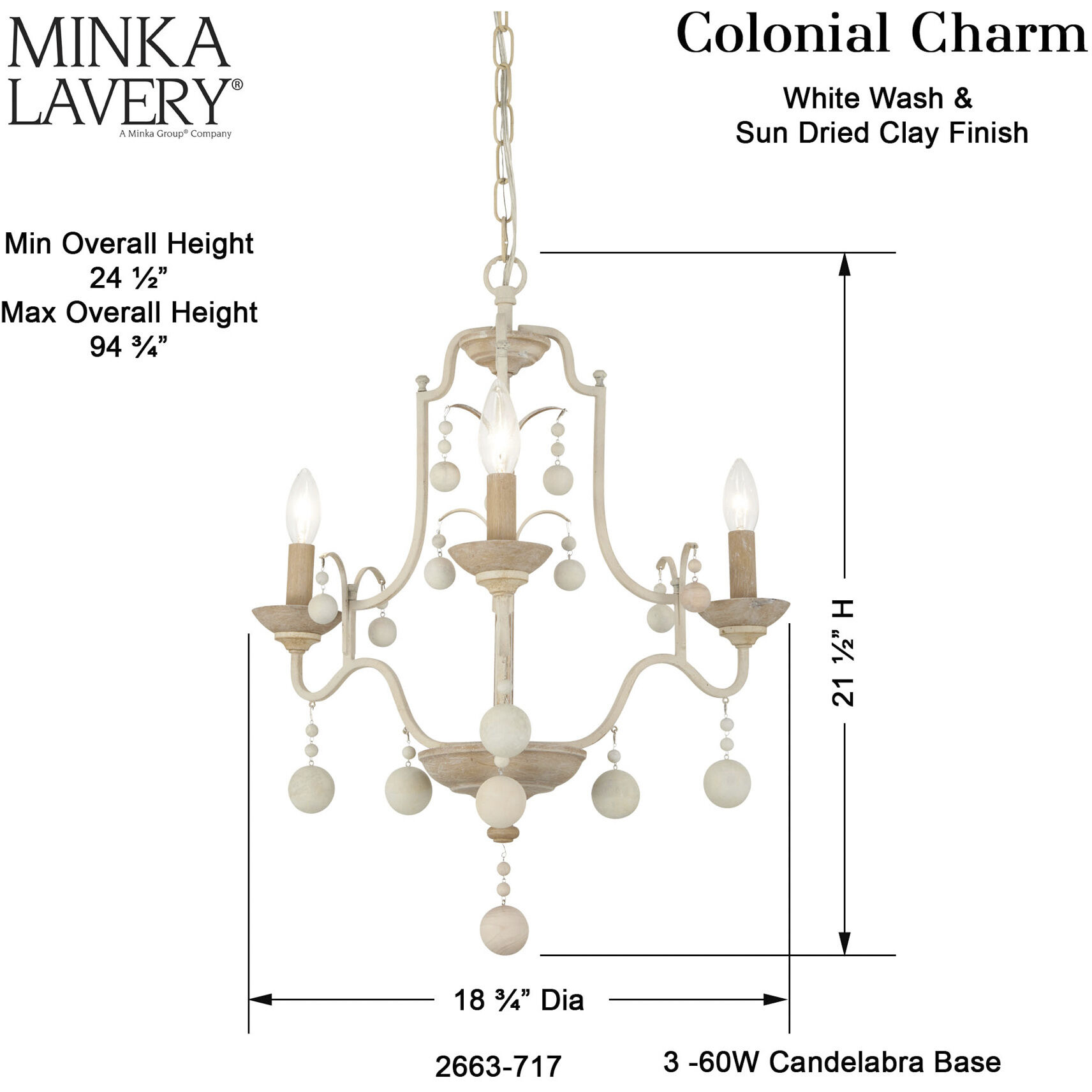 Colonial Charm 3 Light 18.75 inch White Wash and Sun Dried Clay Chandelier Ceiling Light