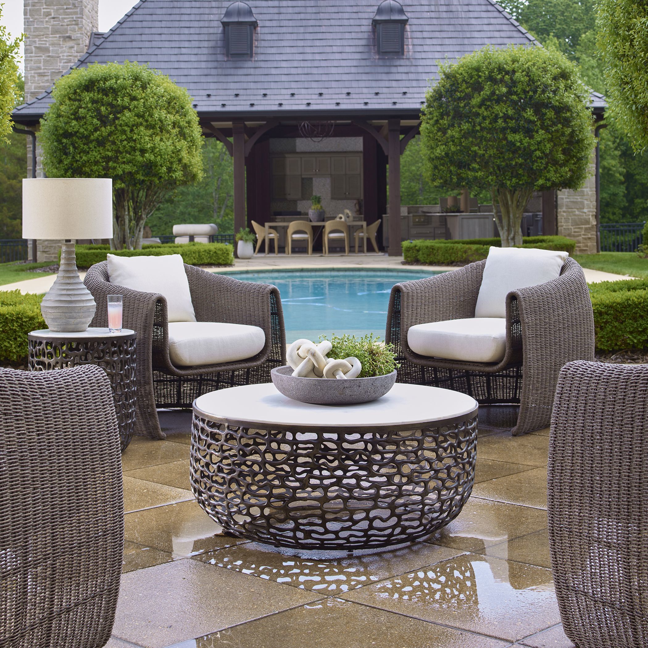 Sabena 36 X 16 inch Dark Bronze and White Marble Outdoor Coffee Table