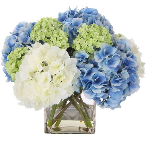 Providence Hydrangea White and Blue with Clear Glass Bouquet