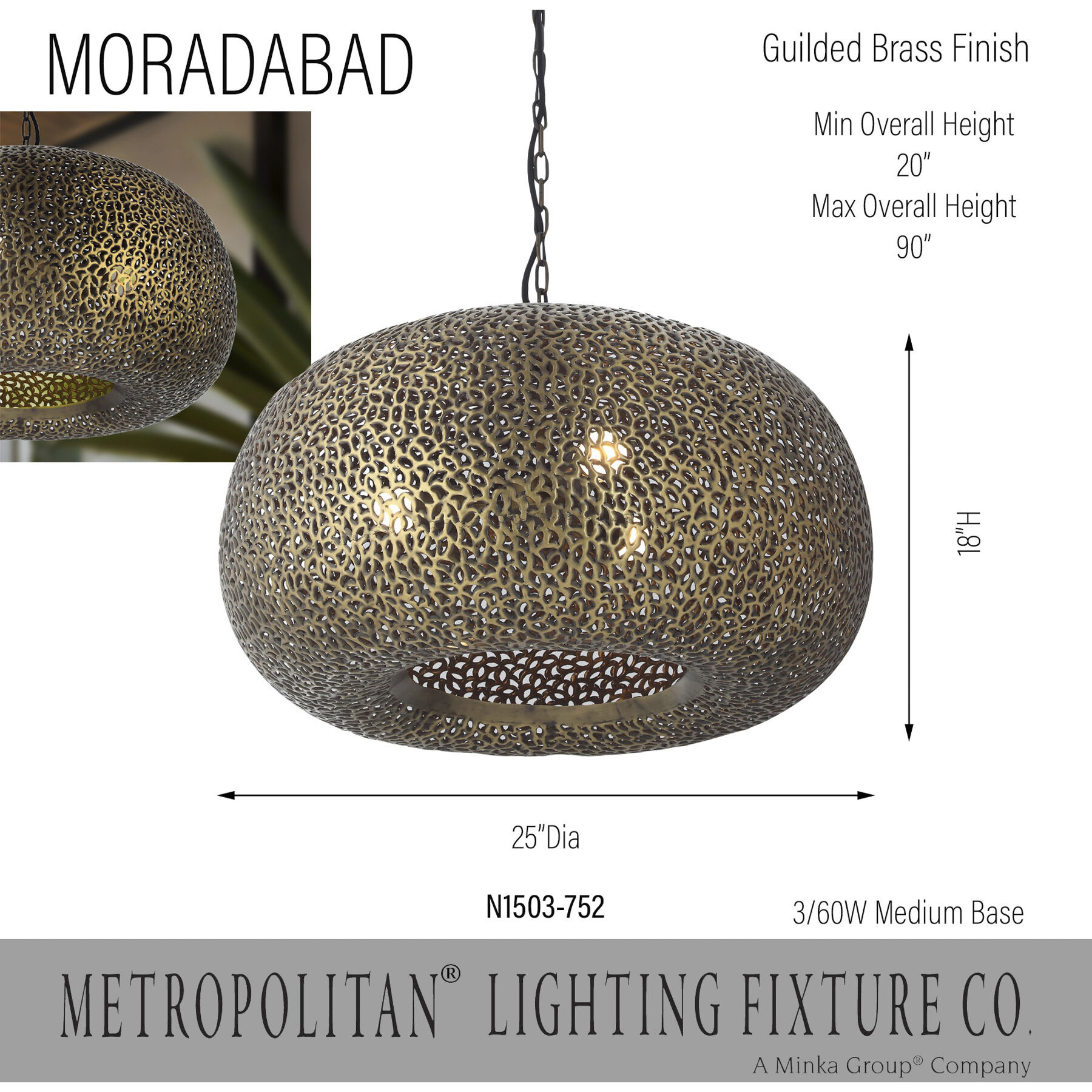 Moradabad 3 Light 24 inch Brass Antique Pendant Ceiling Light
