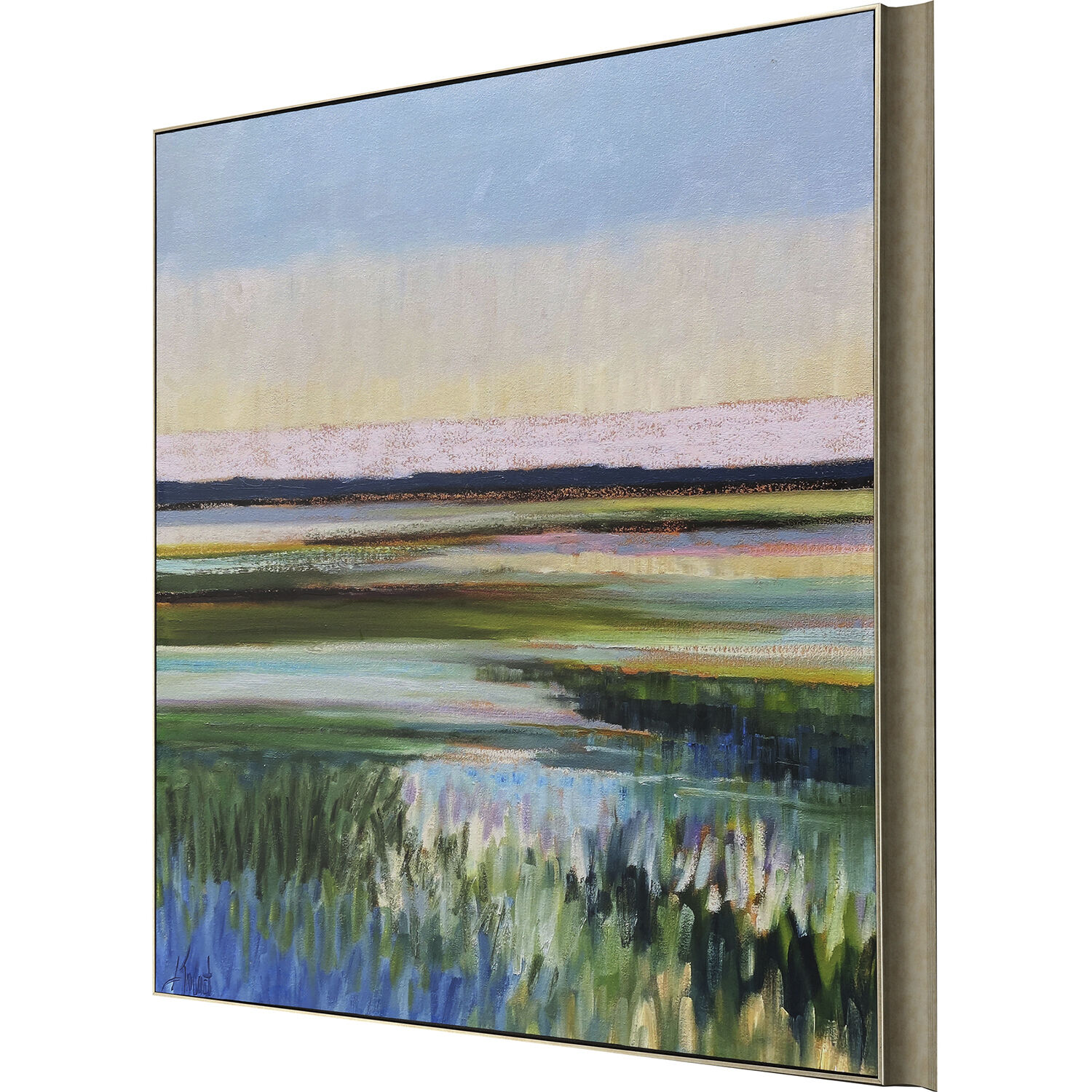 Waterside Blue and Green and Pink and Yellow Framed Art