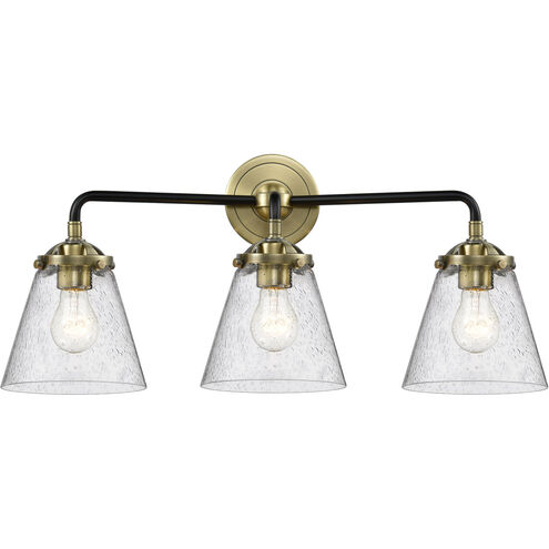 Nouveau Small Cone 3 Light 24 inch Black Antique Brass Bath Vanity Light Wall Light in Seedy Glass, Nouveau