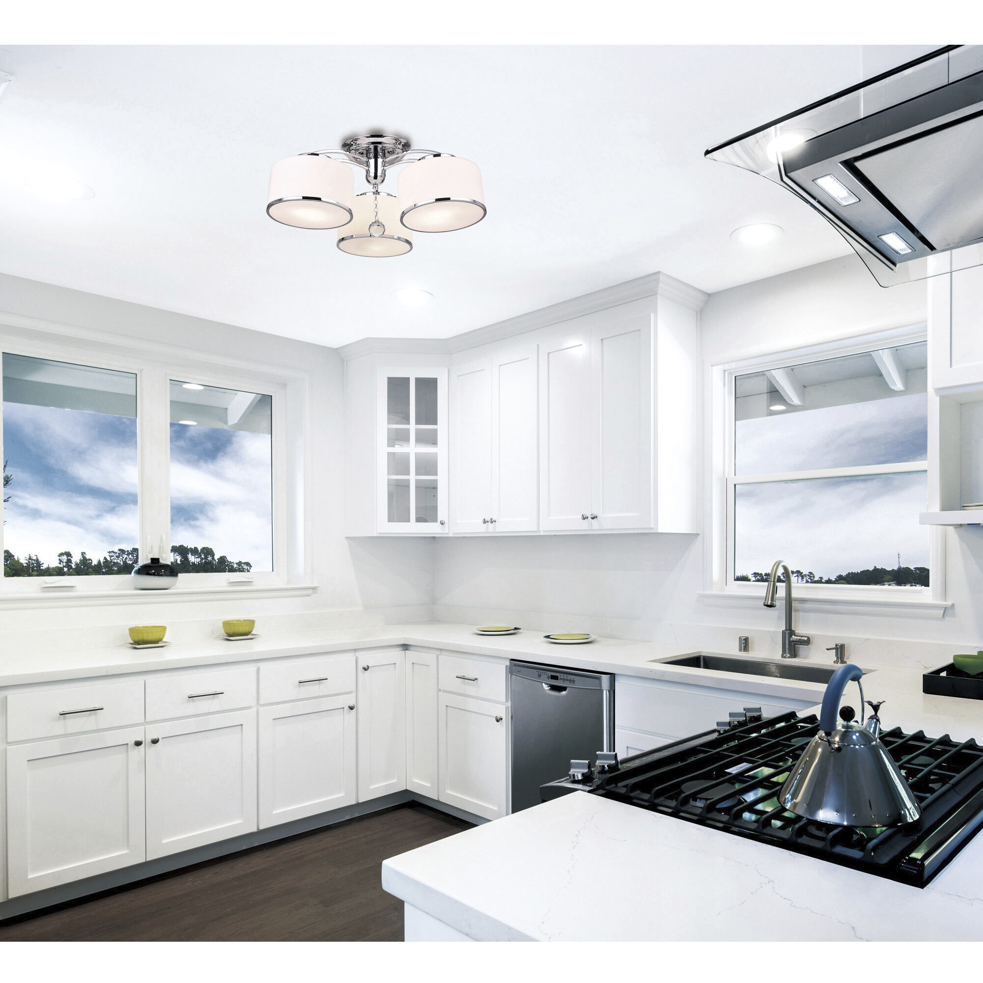 Frosted 3 Light 24 inch Chrome Drum Shade Flush Mount Ceiling Light