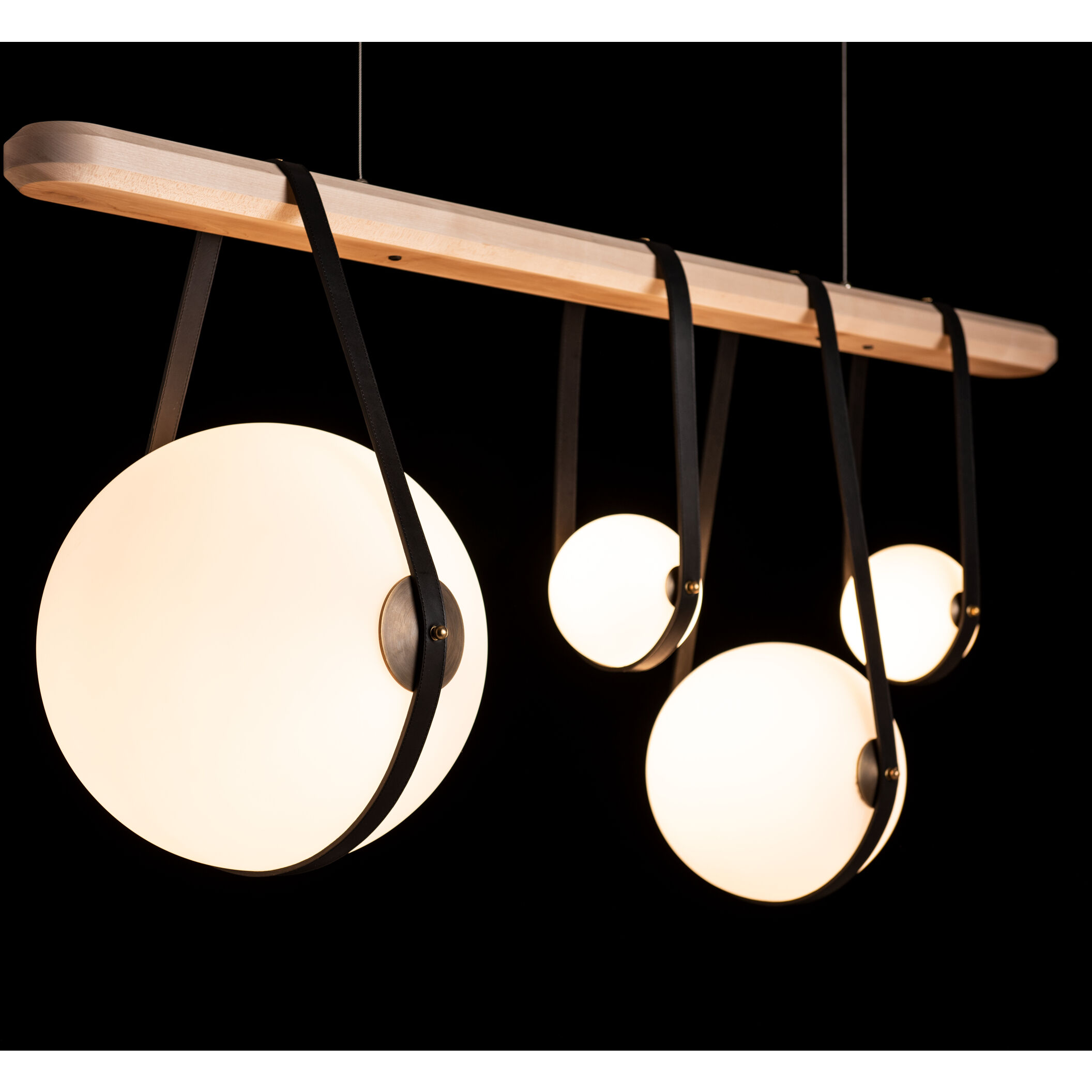 Derby LED 52 inch Black and Antique Brass Linear Pendant Ceiling Light in Black/Antique Brass, Black Leather with Maple Natural